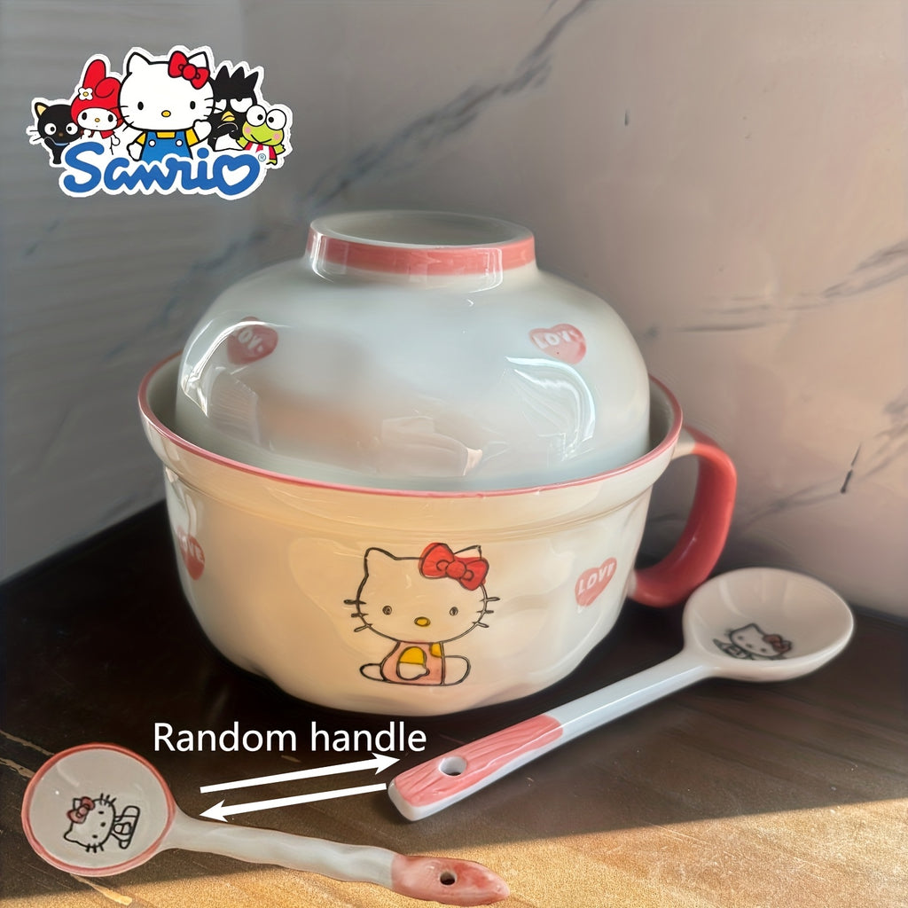 Sanrio Licensed Cute Cat Ramen Bowl with Lid & Handle - Japanese Anime Kitten Noodle Bowl, Microwave & Dishwasher Safe, Heat-Resistant Plastic with Spoon Included - for Home, Dorm, & (Collectible)