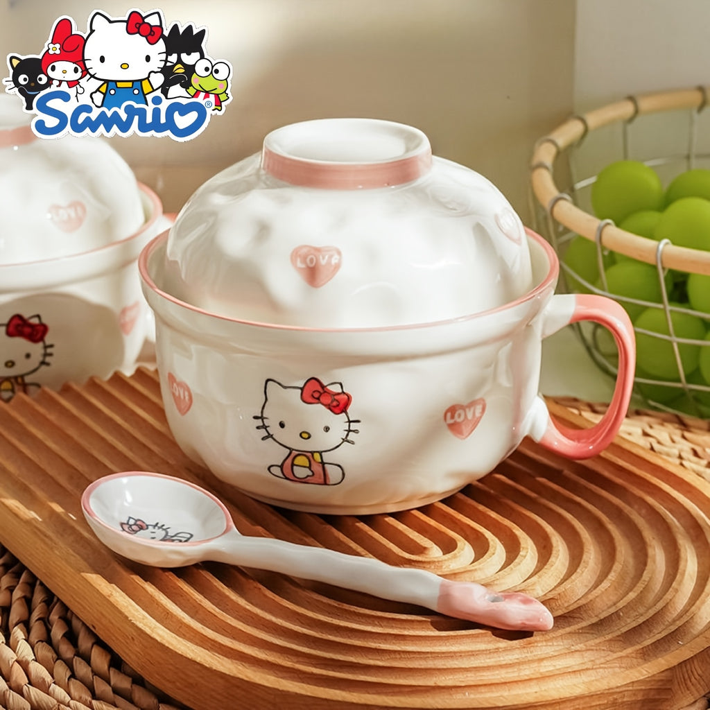 Sanrio Licensed Cute Cat Ramen Bowl with Lid & Handle - Japanese Anime Kitten Noodle Bowl, Microwave & Dishwasher Safe, Heat-Resistant Plastic with Spoon Included - for Home, Dorm, & (Collectible)