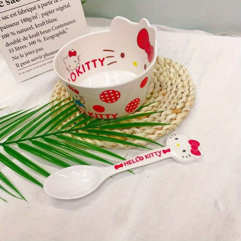 2pcs Hello Kitty Dinnerware Set with Spoon - Cute White Japanese Anime Plates & Bowl, Non-Toxic Melamine Tableware for ' Parties, Birthday Tea Time, Christmas, for (Dinnerware Set)