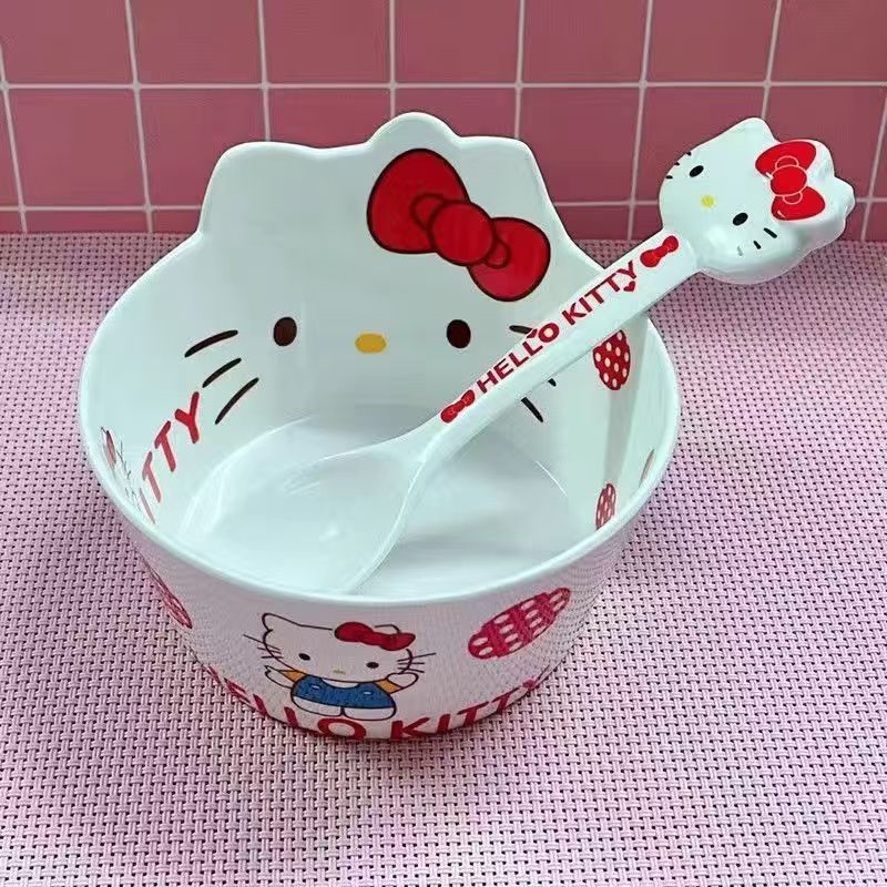 2pcs Hello Kitty Dinnerware Set with Spoon - Cute White Japanese Anime Plates & Bowl, Non-Toxic Melamine Tableware for ' Parties, Birthday Tea Time, Christmas, for (Dinnerware Set)