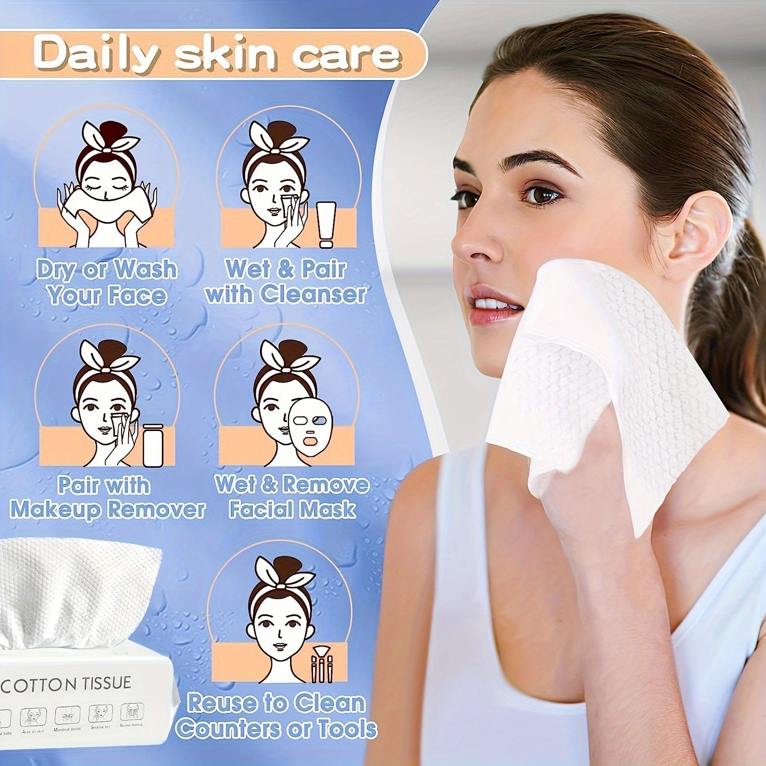 Set of 6 Disposable Facial Towels (300 in Total) - 8''X6'' (20X15Cm) Soft Non-Woven Dry\u002FWet Wipes Suitable for Sensitive Skin, Individually Packaged for Travel, Beach Outings, And Everyday Cleansing (50 Sheets Per Box, Hypoallergenic)