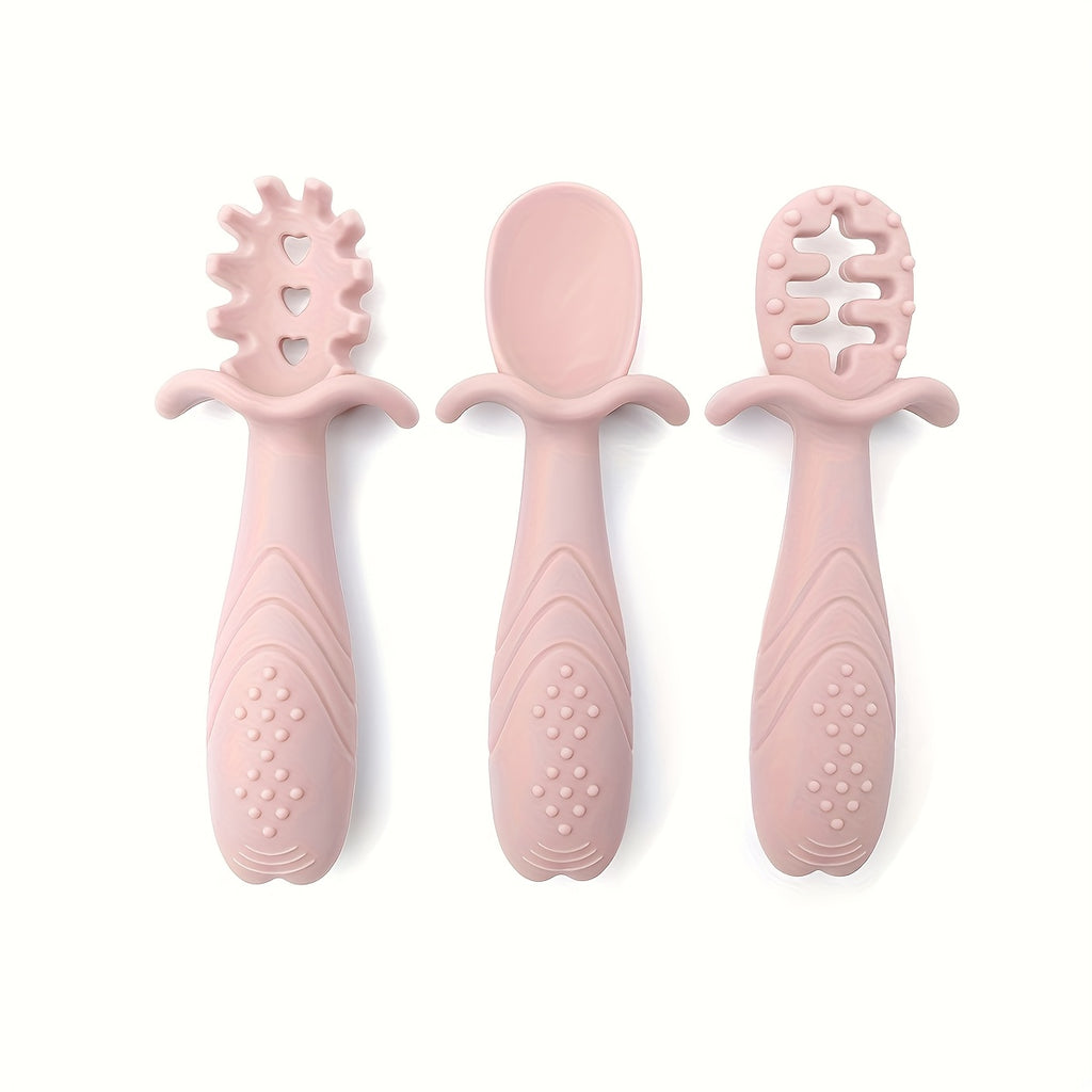 3pcs Silicone Feeding Spoons - 3 different shapes Youngsters spoons, 3pcs Soft Silicone Feeding Set for - Food Grade Spoon and Fork in Pastel colors (Cream, Pink, Green, Blue) - Safe & Durable tableware with textured grip, Silicone Feeding Set