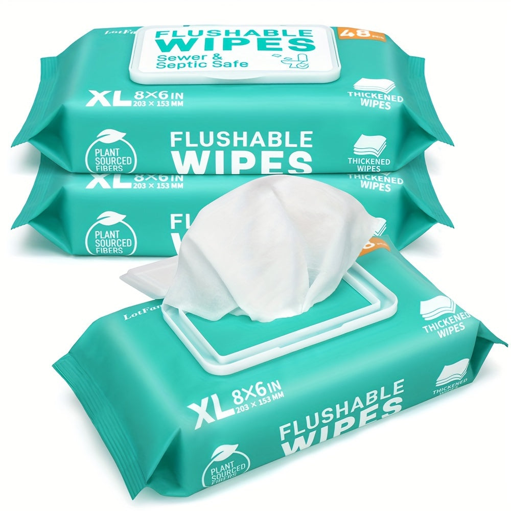 3\u002F6 Packs LotFancy Extra Large Flushable Wet Wipes | Thickened Butt Wipes, 144\u002F288 Wipes, Septic & Sewer Safe, Quick-Dispersing, No Alcohol, Plant-Based Fibers - Personal & Household Cleaning Wipes