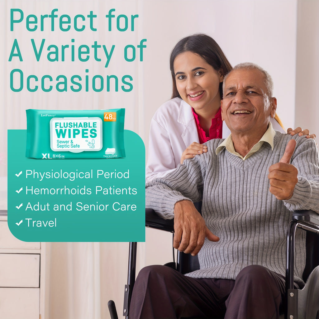 3\u002F6 Packs LotFancy Extra Large Flushable Wet Wipes | Thickened Butt Wipes, 144\u002F288 Wipes, Septic & Sewer Safe, Quick-Dispersing, No Alcohol, Plant-Based Fibers - Personal & Household Cleaning Wipes