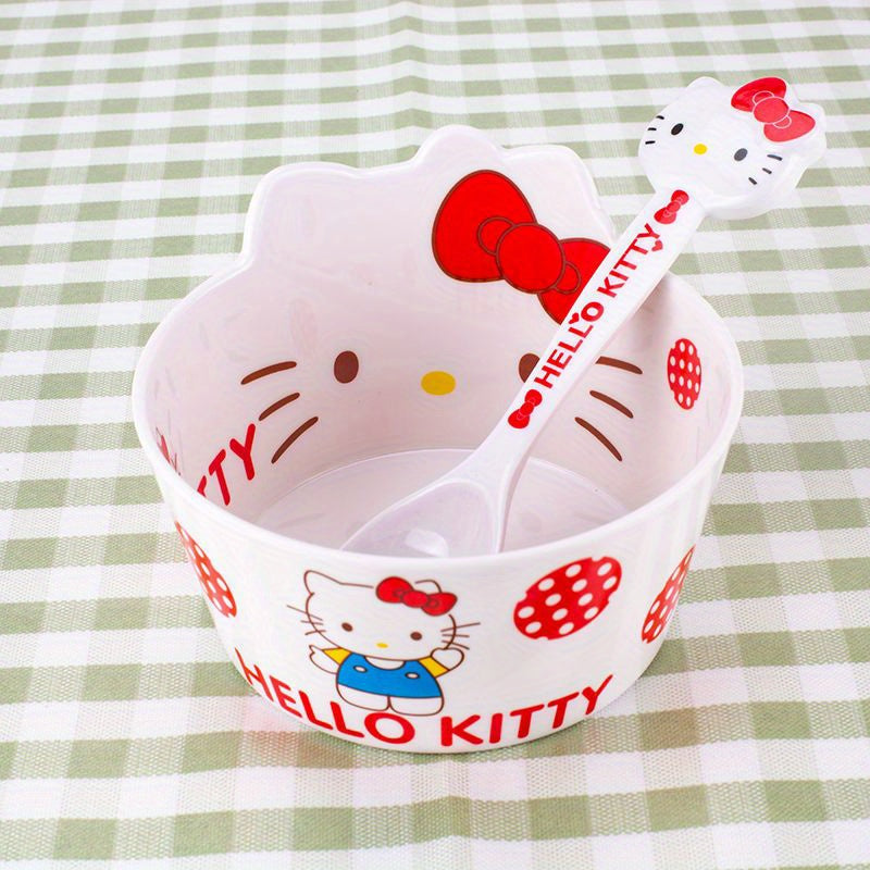 2pcs Hello Kitty Dinnerware Set with Spoon - Cute White Japanese Anime Plates & Bowl, Non-Toxic Melamine Tableware for ' Parties, Birthday Tea Time, Christmas, for (Dinnerware Set)