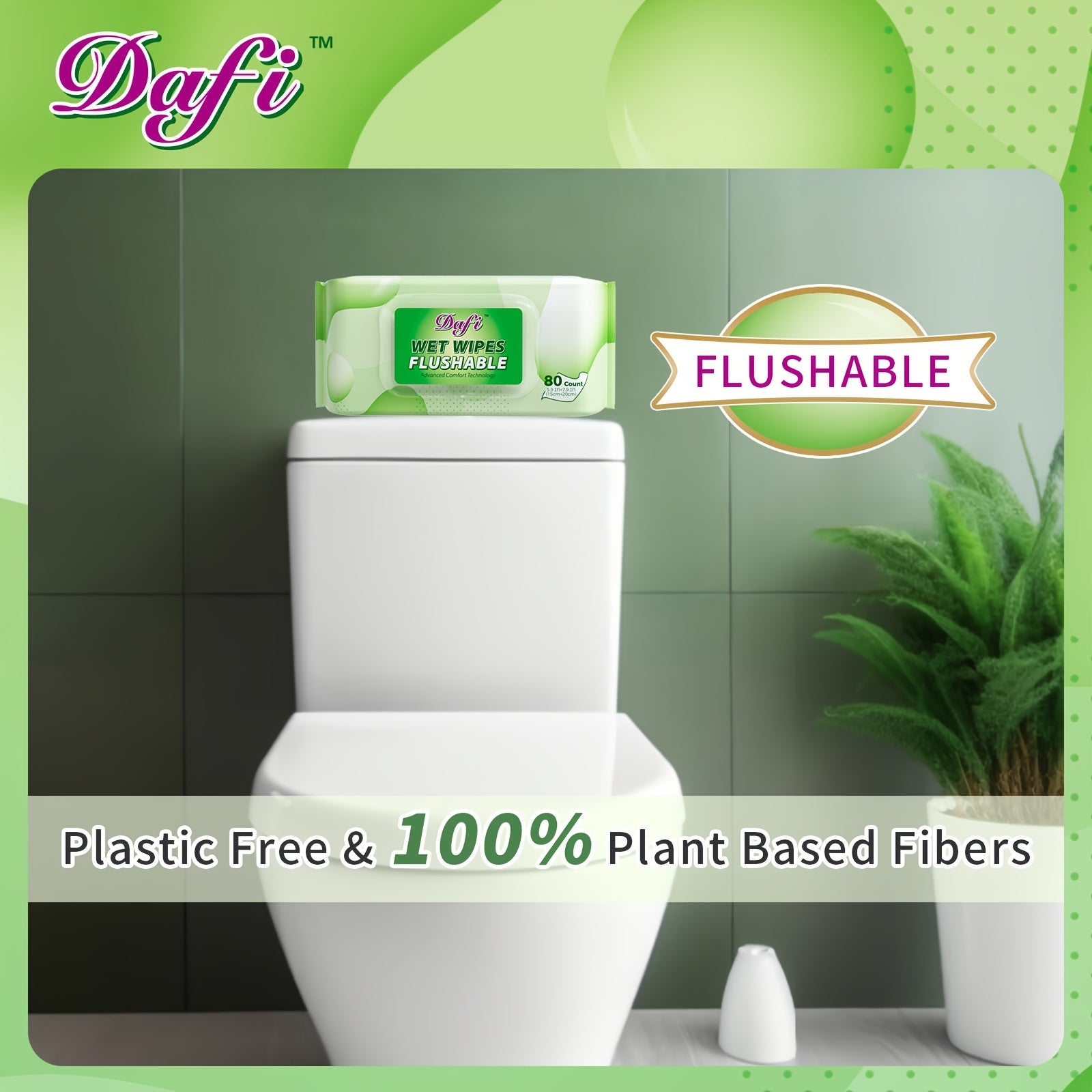 DAFI Flushable Wipes for Adult Wet Wipes, Total 480 Unscented Toilet Wipes Flushable, No Alcohol & 100% Plant Based Fibers, Septic And Sewer Safe Pack Of 6