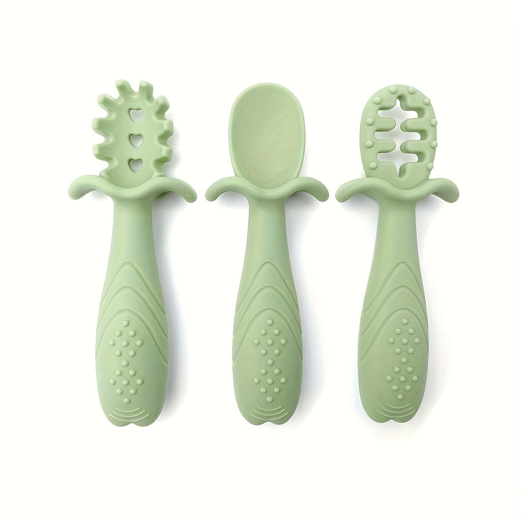 3pcs Silicone Feeding Spoons - 3 different shapes Youngsters spoons, 3pcs Soft Silicone Feeding Set for - Food Grade Spoon and Fork in Pastel colors (Cream, Pink, Green, Blue) - Safe & Durable tableware with textured grip, Silicone Feeding Set