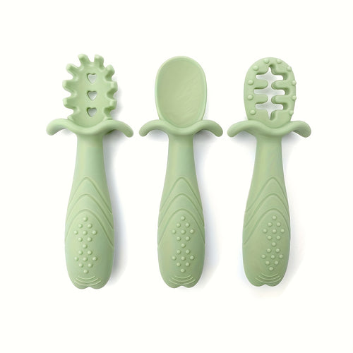 3pcs Silicone Feeding Spoons - 3 different shapes Youngsters spoons, 3pcs Soft Silicone Feeding Set for - Food Grade Spoon and Fork in Pastel colors (Cream, Pink, Green, Blue) - Safe & Durable tableware with textured grip, Silicone Feeding Set
