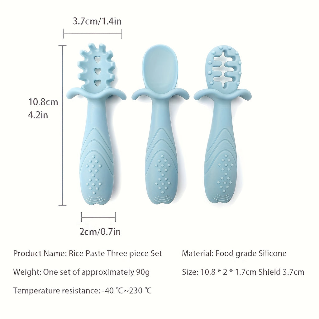 3pcs Silicone Feeding Spoons - 3 different shapes Youngsters spoons, 3pcs Soft Silicone Feeding Set for - Food Grade Spoon and Fork in Pastel colors (Cream, Pink, Green, Blue) - Safe & Durable tableware with textured grip, Silicone Feeding Set