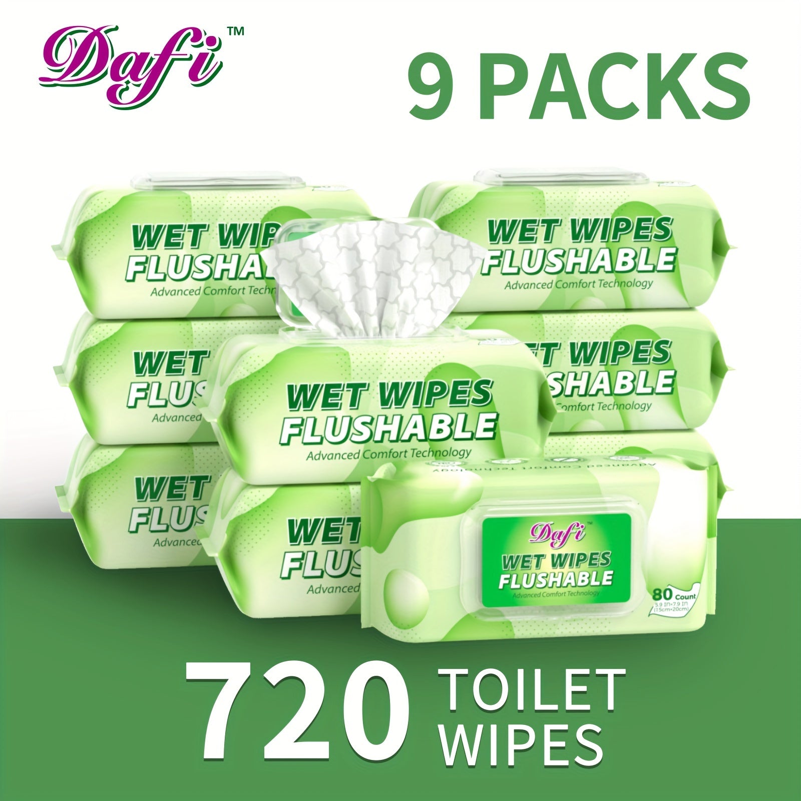DAFI Flushable Wipes for Adult Wet Wipes, Total 480 Unscented Toilet Wipes Flushable, No Alcohol & 100% Plant Based Fibers, Septic And Sewer Safe Pack Of 6