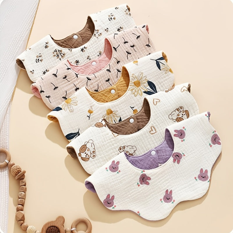 5pcs Soft Gauze Baby Bibs and Aprons Set - Pastel Colors (Pink, Yellow, Brown) with Cute Animal & Floral Patterns, Snap Closure