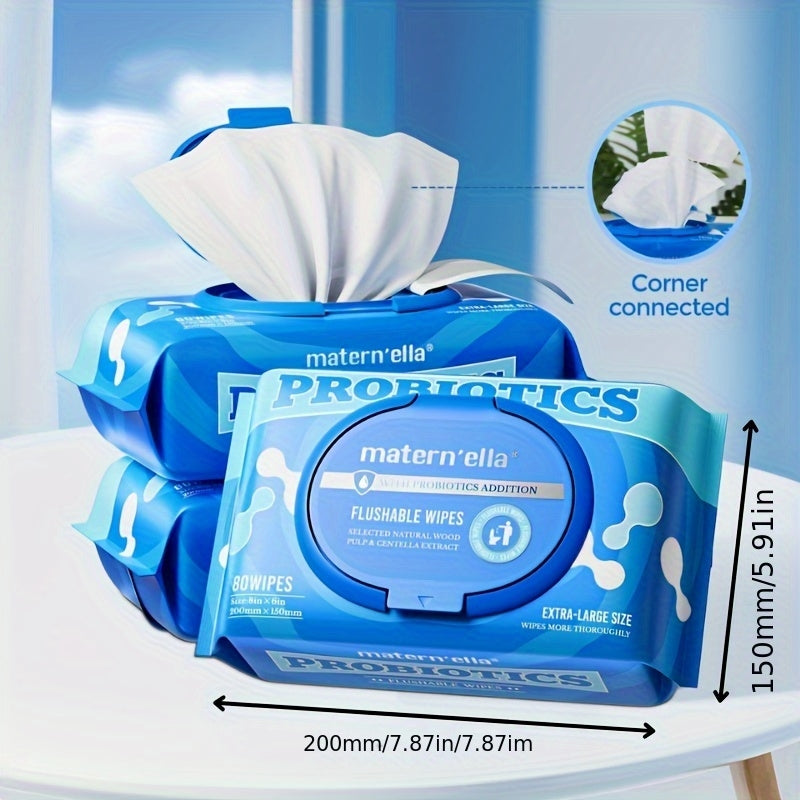 matern'ella Flushable Wipes Extra Large Corner-Connected Wet Wipes Plant Based Fibers with Probiotics Fragrance Free Sewer Safe Butt Wipe Adult 3 Packs of 80.Halloween&Christmas gifts!