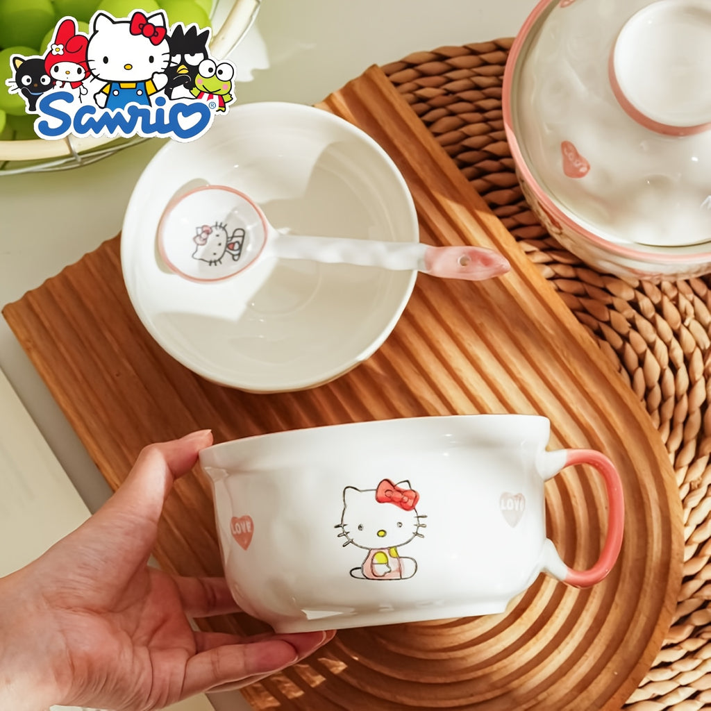 Sanrio Licensed Cute Cat Ramen Bowl with Lid & Handle - Japanese Anime Kitten Noodle Bowl, Microwave & Dishwasher Safe, Heat-Resistant Plastic with Spoon Included - for Home, Dorm, & (Collectible)
