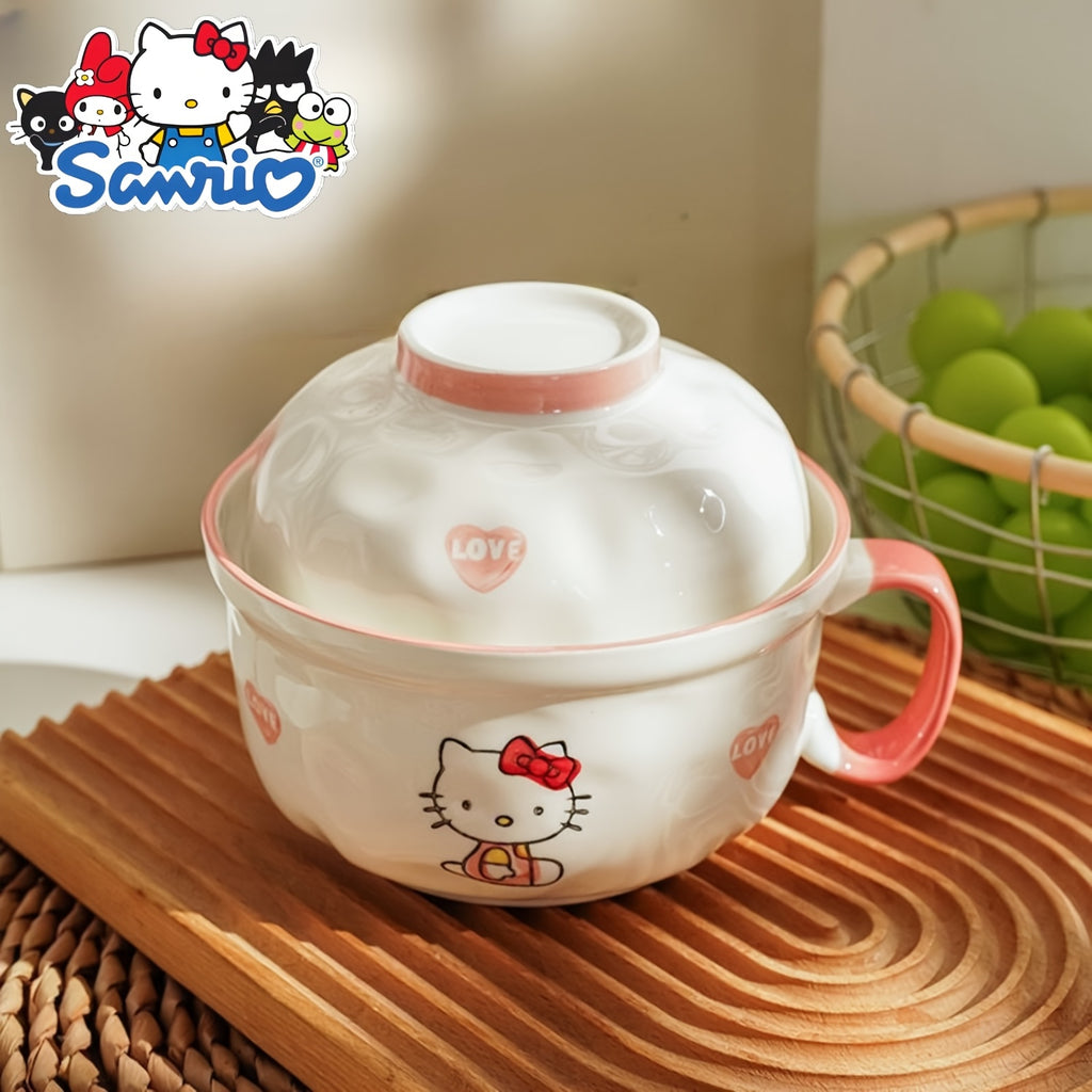 Sanrio Licensed Cute Cat Ramen Bowl with Lid & Handle - Japanese Anime Kitten Noodle Bowl, Microwave & Dishwasher Safe, Heat-Resistant Plastic with Spoon Included - for Home, Dorm, & (Collectible)