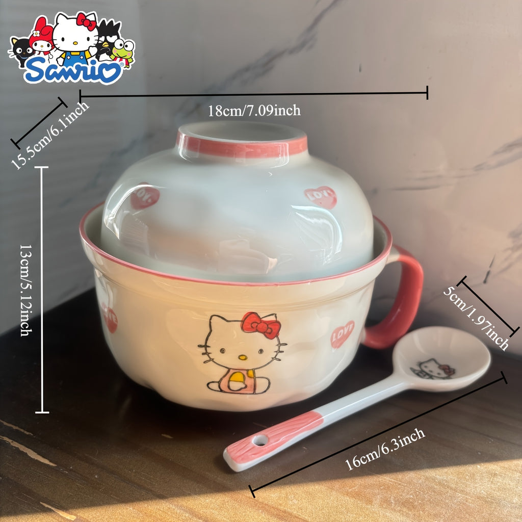 Sanrio Licensed Cute Cat Ramen Bowl with Lid & Handle - Japanese Anime Kitten Noodle Bowl, Microwave & Dishwasher Safe, Heat-Resistant Plastic with Spoon Included - for Home, Dorm, & (Collectible)