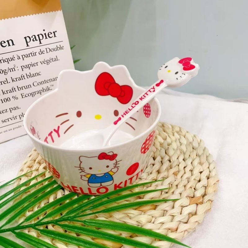 2pcs Hello Kitty Dinnerware Set with Spoon - Cute White Japanese Anime Plates & Bowl, Non-Toxic Melamine Tableware for ' Parties, Birthday Tea Time, Christmas, for (Dinnerware Set)