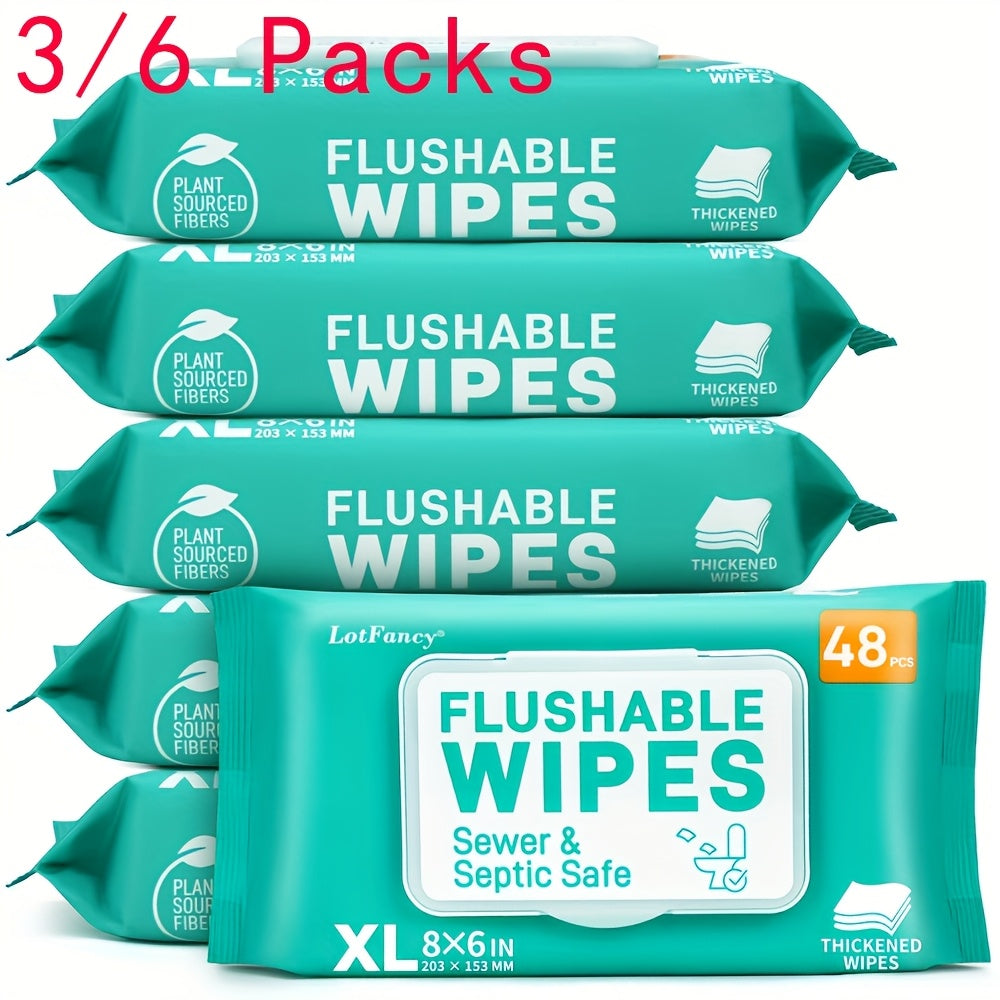 3\u002F6 Packs LotFancy Extra Large Flushable Wet Wipes | Thickened Butt Wipes, 144\u002F288 Wipes, Septic & Sewer Safe, Quick-Dispersing, No Alcohol, Plant-Based Fibers - Personal & Household Cleaning Wipes