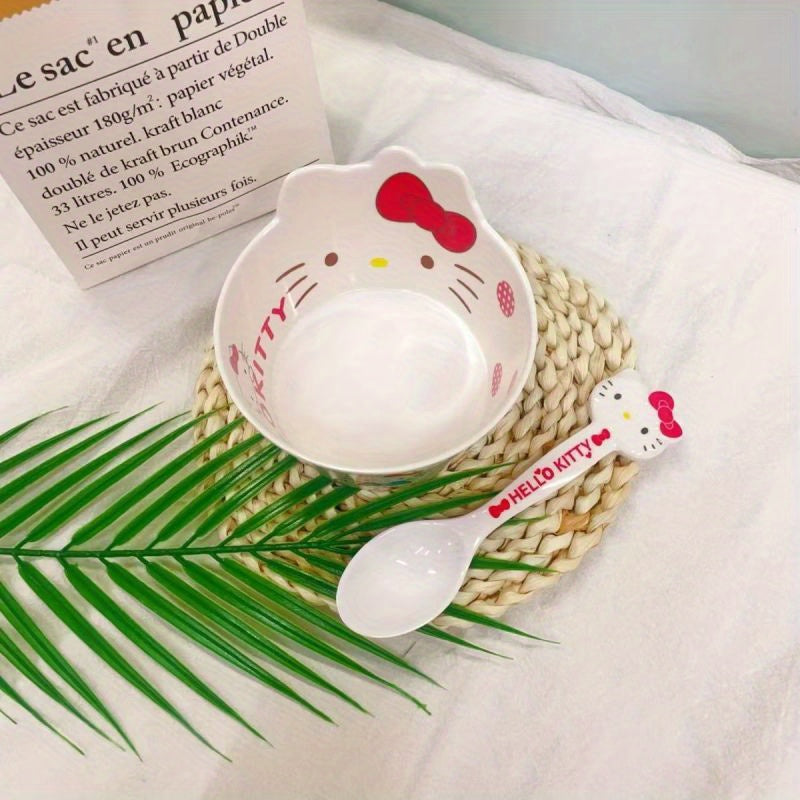 2pcs Hello Kitty Dinnerware Set with Spoon - Cute White Japanese Anime Plates & Bowl, Non-Toxic Melamine Tableware for ' Parties, Birthday Tea Time, Christmas, for (Dinnerware Set)