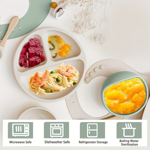 1 Set Of 4pcs Silicone Baby Feeding Set, Baby Self-weaning Set, Suction Bowl, Spoon, Bib, Cup, Enhancing Self-feeding Skills, Dishwasher Safe.