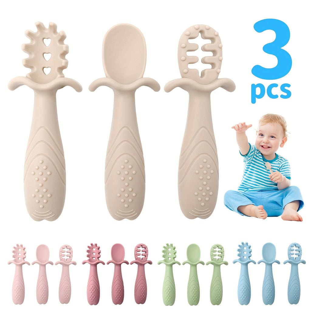 3pcs Silicone Feeding Spoons - 3 different shapes Youngsters spoons, 3pcs Soft Silicone Feeding Set for - Food Grade Spoon and Fork in Pastel colors (Cream, Pink, Green, Blue) - Safe & Durable tableware with textured grip, Silicone Feeding Set