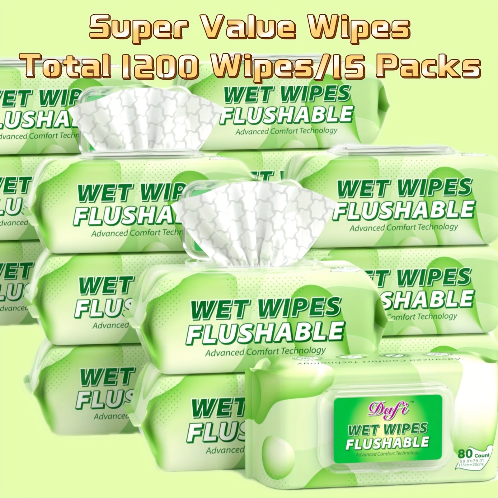 DAFI Flushable Wipes for Adult Wet Wipes, Total 480 Unscented Toilet Wipes Flushable, No Alcohol & 100% Plant Based Fibers, Septic And Sewer Safe Pack Of 6