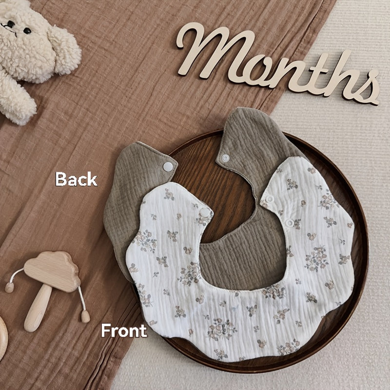 5pcs Soft Gauze Baby Bibs and Aprons Set - Pastel Colors (Pink, Yellow, Brown) with Cute Animal & Floral Patterns, Snap Closure