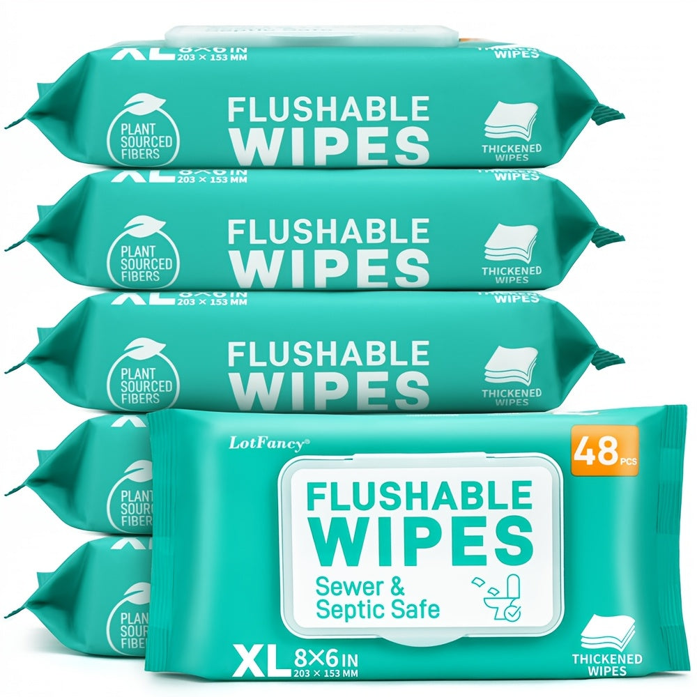 3\u002F6 Packs LotFancy Extra Large Flushable Wet Wipes | Thickened Butt Wipes, 144\u002F288 Wipes, Septic & Sewer Safe, Quick-Dispersing, No Alcohol, Plant-Based Fibers - Personal & Household Cleaning Wipes