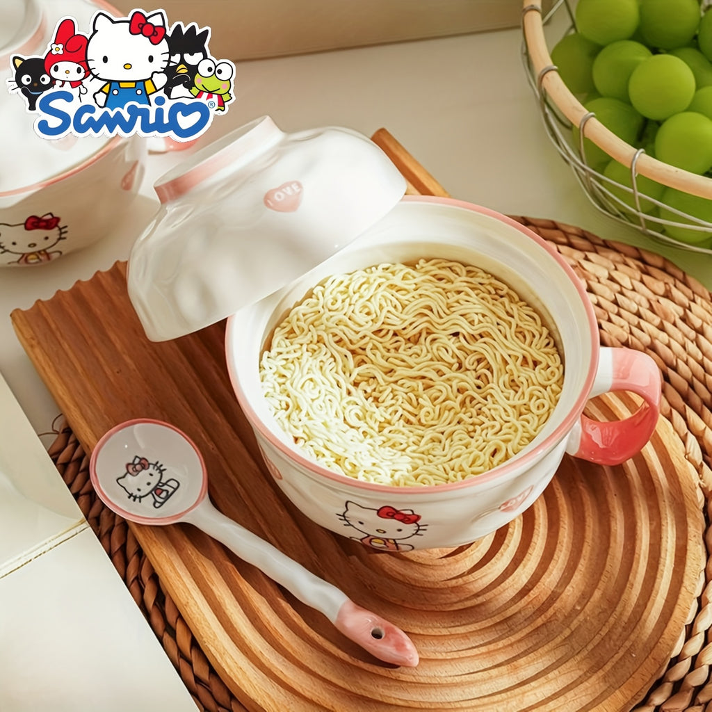 Sanrio Licensed Cute Cat Ramen Bowl with Lid & Handle - Japanese Anime Kitten Noodle Bowl, Microwave & Dishwasher Safe, Heat-Resistant Plastic with Spoon Included - for Home, Dorm, & (Collectible)
