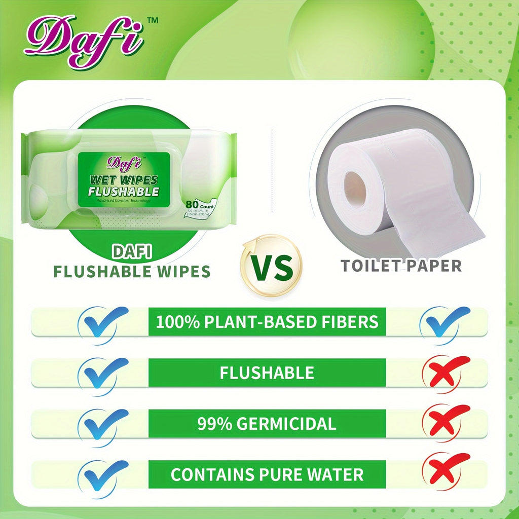 DAFI Flushable Wipes for Adult Wet Wipes, Total 480 Unscented Toilet Wipes Flushable, No Alcohol & 100% Plant Based Fibers, Septic And Sewer Safe Pack Of 6