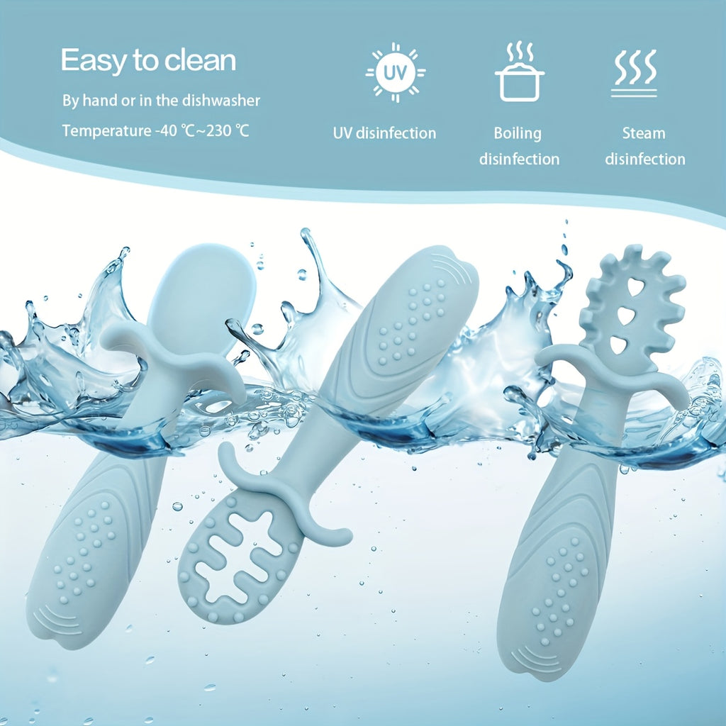 3pcs Silicone Feeding Spoons - 3 different shapes Youngsters spoons, 3pcs Soft Silicone Feeding Set for - Food Grade Spoon and Fork in Pastel colors (Cream, Pink, Green, Blue) - Safe & Durable tableware with textured grip, Silicone Feeding Set